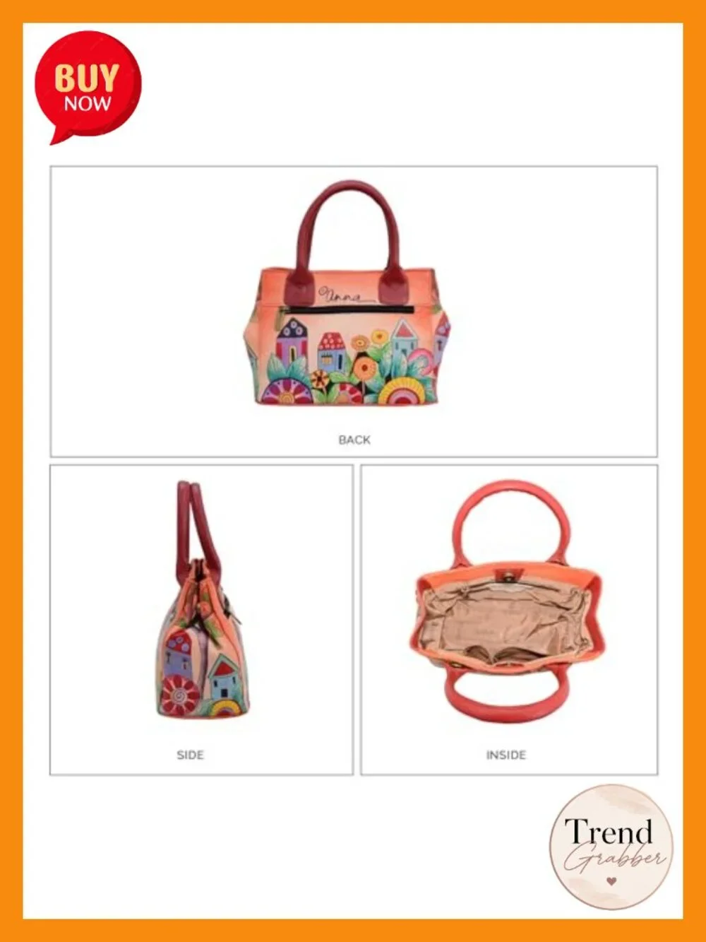 Hand Painted Genuine Leather Small Convertible Tote Satchel w/ Removable